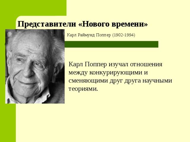 Представители «Нового времени» Карл Раймунд Поппер (1902-1994) Карл Поппер изучал отношения между конкурирующими и сменяющими друг друга научными теориями.