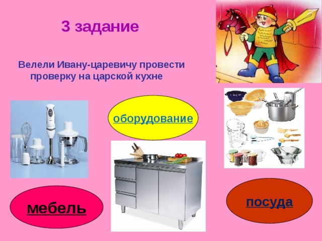 3 задание Велели Ивану-царевичу провести проверку на царской кухне оборудование посуда мебель
