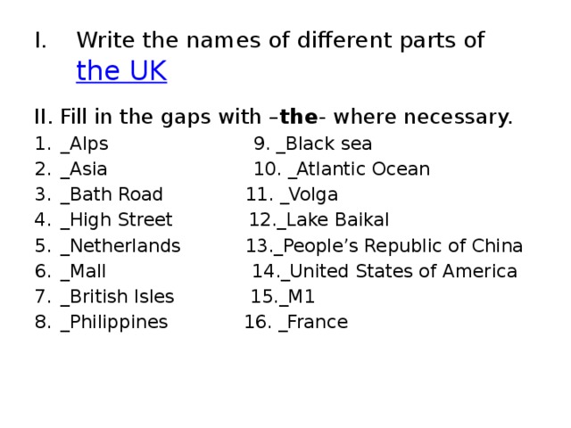 Write the names of different parts of  the UK