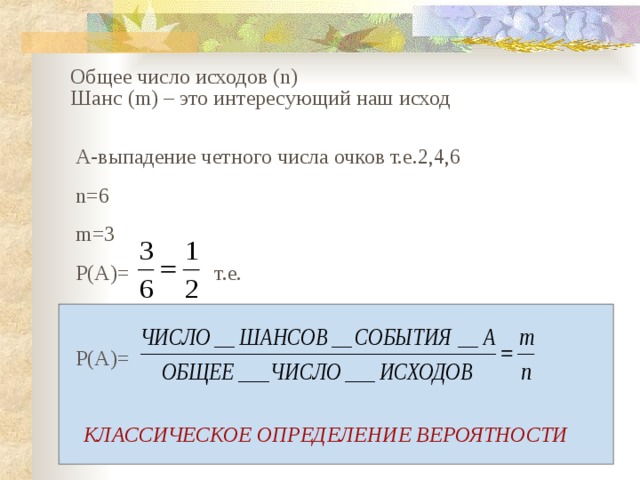 Общее число исходов (n ) Шанс (m) – это интересующий наш исход А - выпадение четного числа очков т.е.2,4,6 n=6 m=3 Р(А)=  т.е. Р(А)= КЛАССИЧЕСКОЕ ОПРЕДЕЛЕНИЕ ВЕРОЯТНОСТИ