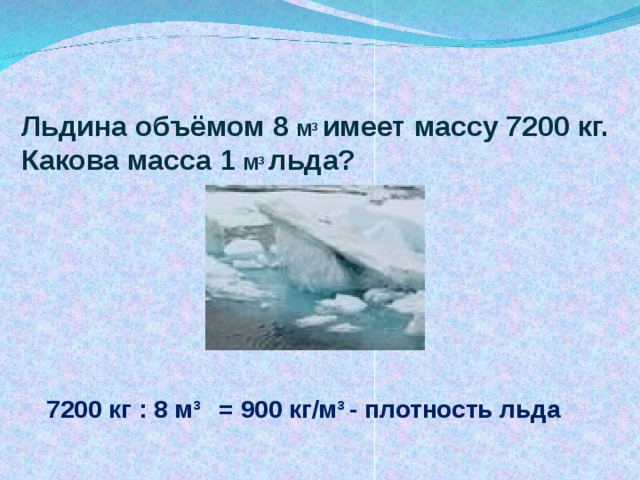 Льдина объёмом 8 М 3  имеет массу 7200 кг. Какова масса 1 М 3  льда?   7200  кг : 8 м³  = 900 кг/м³  - плотность льда