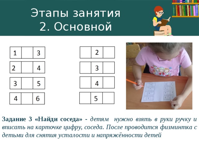 Этапы занятия  2. Основной Задание 3 «Найди соседа» - детям нужно взять в руки ручку и вписать на карточке цифру, соседа. После проводится физминтка с детьми для снятия усталости и напряжённости детей