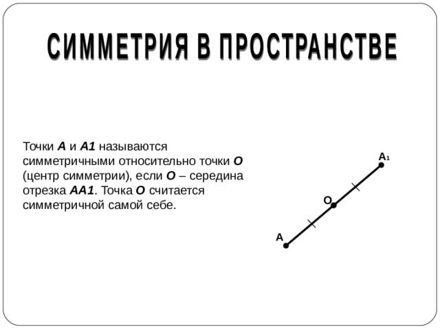 Точки А и А1 называются симметричными относительно точки О (центр симметрии), если О – середина отрезка АА1 . Точка О считается симметричной самой себе. А 1 О А
