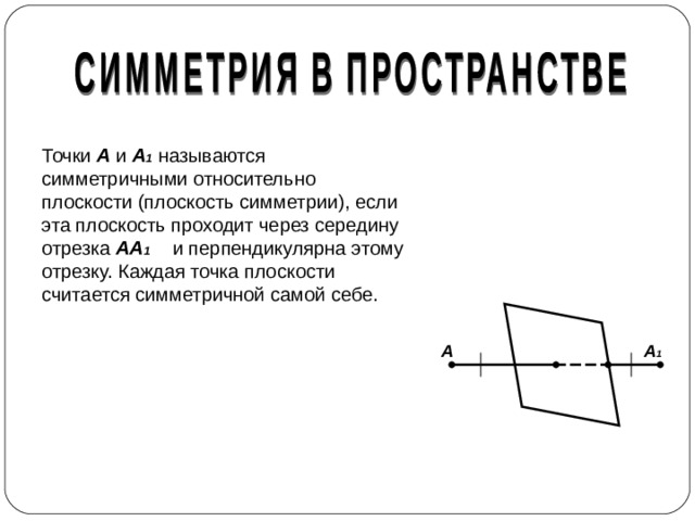 Точки А и А 1  называются симметричными относительно плоскости (плоскость симметрии), если эта плоскость проходит через середину отрезка АА 1  и перпендикулярна этому отрезку. Каждая точка плоскости считается симметричной самой себе. А А 1