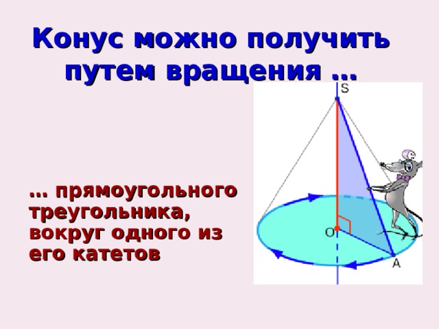 Конус можно получить путем вращения … … прямоугольного треугольника, вокруг одного из его катетов