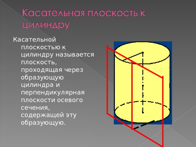 Касательной плоскостью к цилиндру называется плоскость, проходящая через образующую цилиндра и перпендикулярная плоскости осевого сечения, содержащей эту образующую.