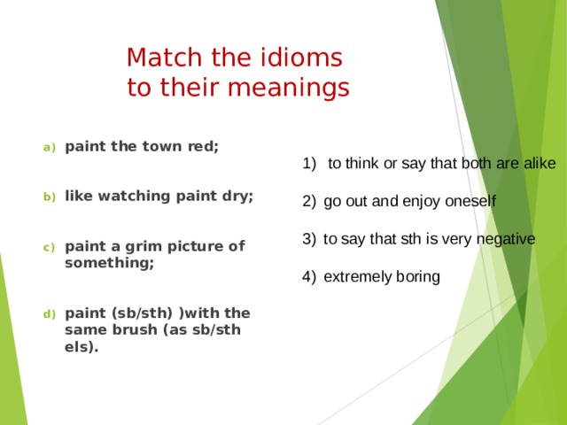Match the idioms  to their meanings   paint the town red;  like watching paint dry;  paint a grim picture of something;  paint (sb/sth) )with the same brush (as sb/sth els).