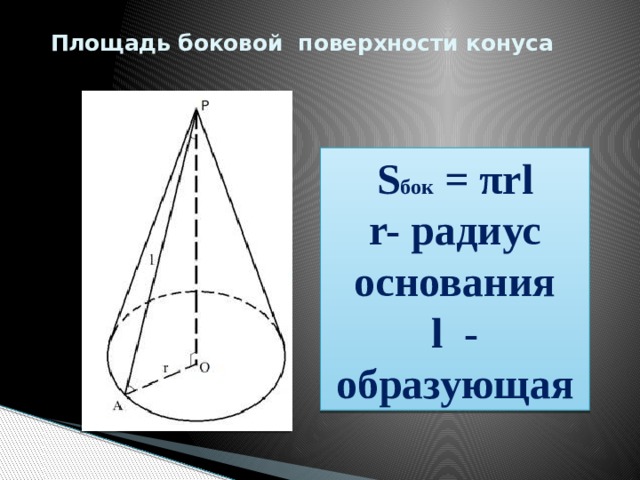 Площадь боковой  поверхности конуса S бок = πrl r- радиус основания l - образующая