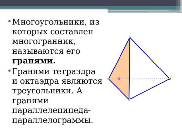 Многоугольники, из которых составлен многогранник, называются его гранями. Гранями тетраэдра и октаэдра являются треугольники. А гранями параллелепипеда- параллелограммы.