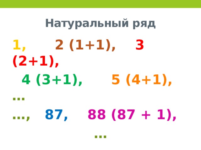Натуральный ряд 1, 2 (1+1), 3 (2+1),  4 (3+1), 5 (4+1), … … ,  87, 88 (87 + 1), …