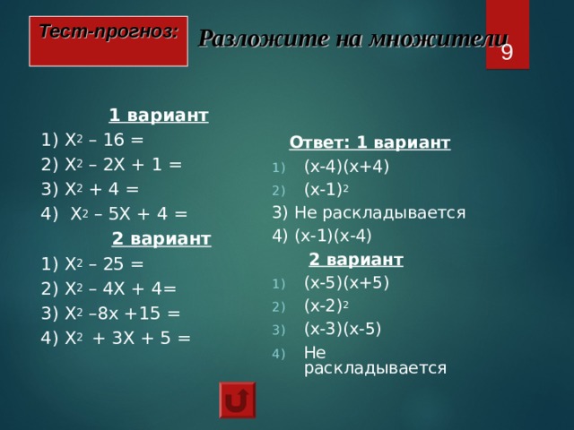 Тест-прогноз:   Разложите на множители  1 вариант 1) Х 2 – 16 = 2) Х 2 – 2Х + 1 = 3) Х 2 + 4 = 4) Х 2 – 5Х + 4 =  2 вариант 1) Х 2 – 25 = 2) Х 2 – 4Х + 4= 3) Х 2 –8х +15 = 4) Х 2 + 3Х + 5 = Ответ: 1 вариант (х-4)(х+4) (х-1) 2 3) Не раскладывается 4) (х-1)(х-4)  2 вариант