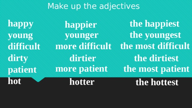Make up the adjectives happy young difficult dirty patient hot the happiest happier the youngest younger the most difficult more difficult dirtier the dirtiest more patient the most patient hotter the hottest