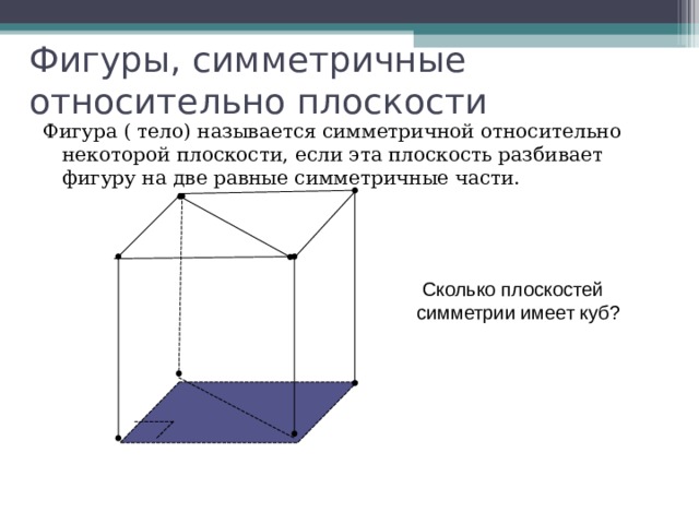 Фигуры, симметричные относительно плоскости Фигура ( тело) называется симметричной относительно некоторой плоскости, если эта плоскость разбивает фигуру на две равные симметричные части.  Сколько плоскостей симметрии имеет куб?