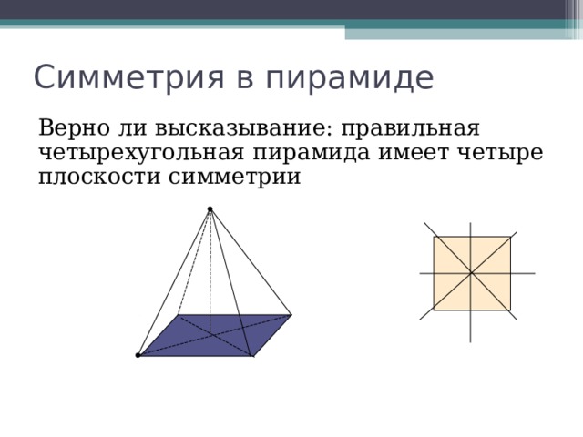 Симметрия в пирамиде Верно ли высказывание: правильная четырехугольная пирамида имеет четыре плоскости симметрии