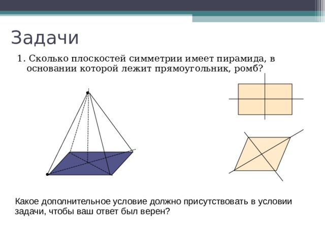 Задачи 1. Сколько плоскостей симметрии имеет пирамида, в основании которой лежит прямоугольник, ромб? Какое дополнительное условие должно присутствовать в условии задачи, чтобы ваш ответ был верен?