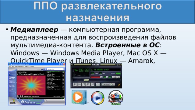 Медиаплеер — компьютерная программа, предназначенная для воспроизведения файлов мультимедиа-контента. Встроенные в ОС : Windows — Windows Media Player, Mac OS X — QuickTime Player и iTunes , Linux — Amarok, Rhythmbox .