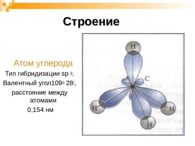 Строение  Атом углерода Тип гибридизации sp  3 . Валентный угол109 0 28 / , расстояние между атомами  0,154 нм
