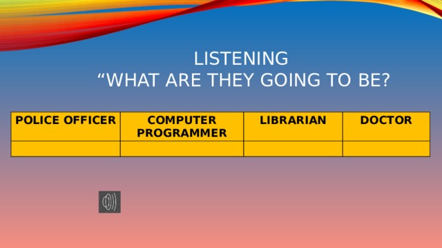 Listening  “what are they going to be? POLICE OFFICER COMPUTER PROGRAMMER LIBRARIAN DOCTOR