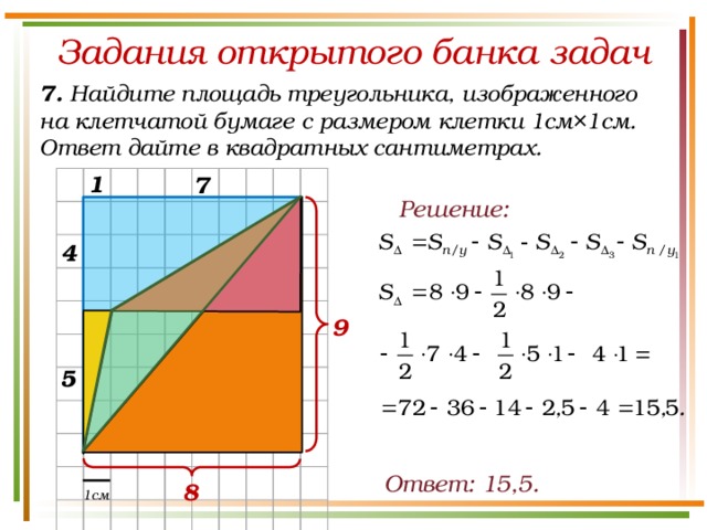 Задания открытого банка задач 7. Найдите площадь треугольника, изображенного на клетчатой бумаге с размером клетки 1см×1см. Ответ дайте в квадратных сантиметрах. 1 7 Решение: 4 9 5 Ответ: 15,5. 8 1см