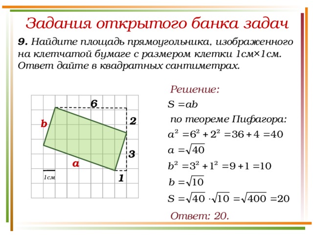 Задания открытого банка задач 9. Найдите площадь прямоугольника, изображенного на клетчатой бумаге с размером клетки 1см×1см. Ответ дайте в квадратных сантиметрах. Решение: 6 по теореме Пифагора: 2 b 3 а 1 1см Ответ: 20.