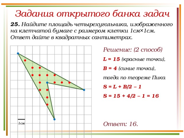 Задания открытого банка задач 25. Найдите площадь четырехугольника, изображенного на клетчатой бумаге с размером клетки 1см×1см. Ответ дайте в квадратных сантиметрах. Решение:  (2 способ) L = 15 (красные точки), B = 4 (синие точки), тогда по теореме Пика S = L + B/2 – 1 S = 15 + 4/2 – 1 = 16 Ответ: 16. 1см 34