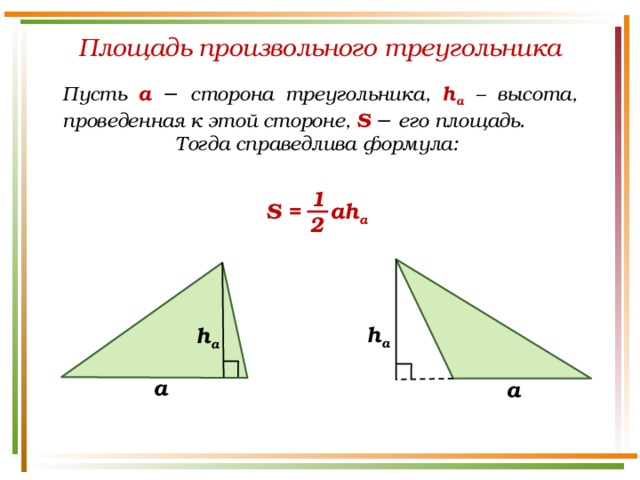 Площадь произвольного треугольника Пусть а  − сторона треугольника, h а  – высота, проведенная к этой стороне, S  − его площадь. Тогда справедлива формула: 1 S = ah a 2 h a h a a a