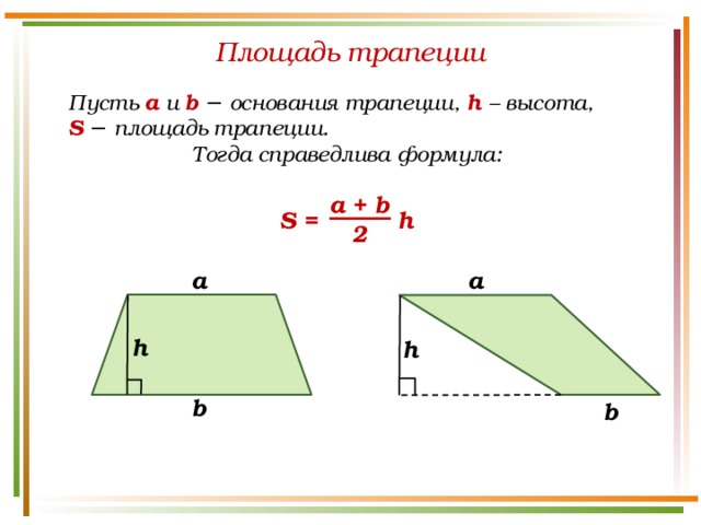 Площадь трапеции Пусть а и b − основания трапеции, h – высота, S  − площадь трапеции. Тогда справедлива формула: a + b S = h 2 a a h h b b