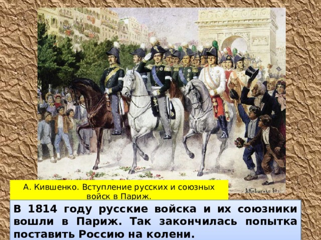 А. Кившенко. Вступление русских и союзных войск в Париж. В 1814 году русские войска и их союзники вошли в Париж. Так закончилась попытка поставить Россию на колени.