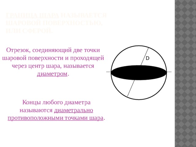 Граница шара называется шаровой поверхностью, или сферой. Отрезок, соединяющий две точки шаровой поверхности и проходящей через центр шара, называется диаметром . D  О Концы любого диаметра называются диаметрально противоположными точками шара .
