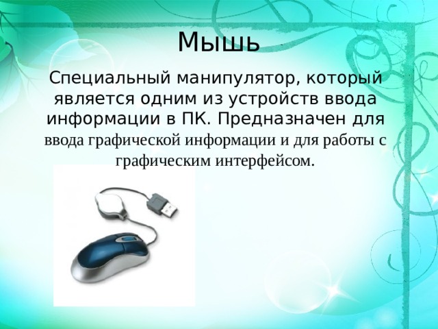 Мышь Специальный манипулятор, который является одним из устройств ввода информации в ПК. Предназначен для ввода графической информации и для работы с графическим интерфейсом.