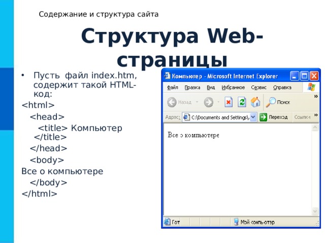 Содержание и структура сайта Структура Web- страницы Пусть файл index.htm , содержит такой HTML- код:      Компьютер      Все о компьютере