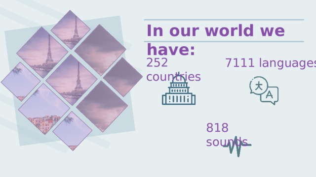 In our world we have: 252 countries 7111 languages 818 sounds