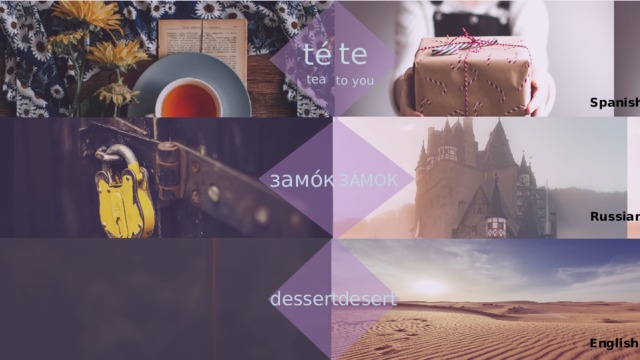 té (tea) te (to you) Empathis Spanish: te té Russian: tea to you Spanish замо́к ЗА́МОК Russian desert  dessert English ЗамОк ЗАмок English: desert dessert