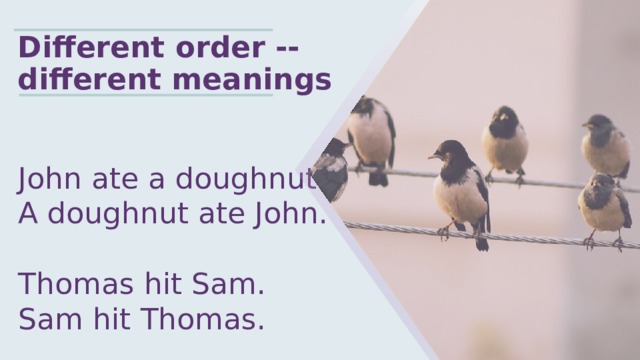Different order -- different meanings John ate a doughnut. A doughnut ate John. Thomas hit Sam. Sam hit Thomas.