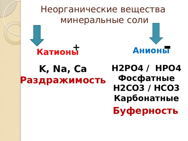 Неорганические вещества  минеральные соли - + Анионы Катионы K, Na, Ca H2PO4 / НPO4 Раздражимость Фосфатные H2CO3 / HCO3 Карбонатные Буферность