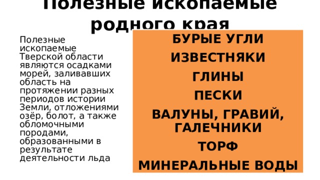 Полезные ископаемые родного края 3 класс. Полезные ископаемые Тверской области.
