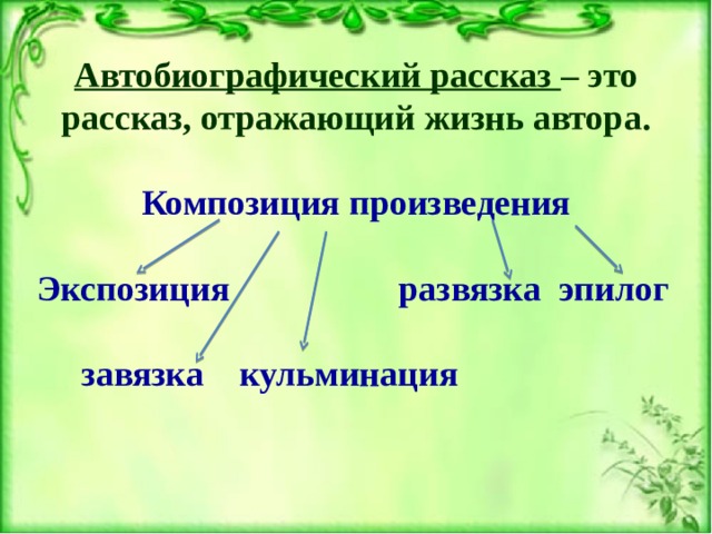 Автобиографический рассказ – это рассказ, отражающий жизнь автора.  Композиция произведения  Экспозиция развязка эпилог   завязка кульминация