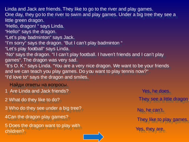Linda and Jack are friends. They like to go to the river and play games. One day, they go to the river to swim and play games. Under a big tree they see a little green dragon. “ Hello, dragon! “ says Linda. “ Hello!“ says the dragon. “ Let’s play badminton“ says Jack. “ I’m sorry“ says the dragon. “But I can’t play badminton “ “ Let’s play football“ says Linda. “ No“ says the dragon. “I I can’t play football. I haven’t friends and I can’t play games“. The dragon was very sad. “ It’s O. K.“ says Linda. “You are a very nice dragon. We want to be your friends and we can teach you play games. Do you want to play tennis now?“ “ I’d love to“ says the dragon and smiles. Найди ответы на вопросы. 1 Are Linda and Jack friends? 2 What do they like to do? 3 Who do they see under a big tree? 4Can the dragon play games? 5 Does the dragon want to play with children? Yes, he does. They see a little dragon . No, he can’t. They like to play games. Yes, they are.