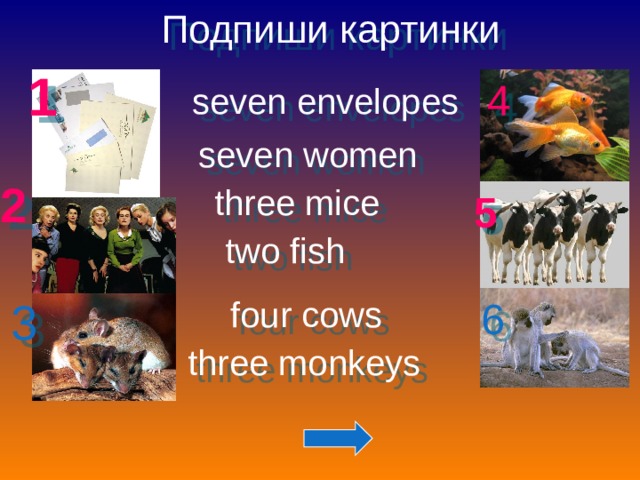 Подпиши картинки 1 4 seven envelopes seven women 2 three mice 5 two fish 3 6 four cows three monkeys