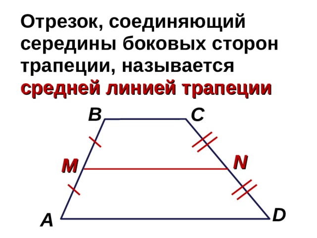 Отрезок, соединяющий середины боковых сторон трапеции, называется средней линией трапеции B C N M D A