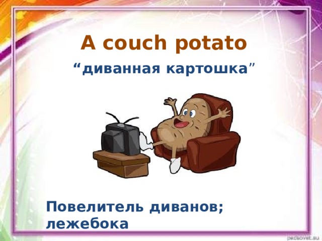 A couch potato “ диванная картошка ” Повелитель диванов; лежебока