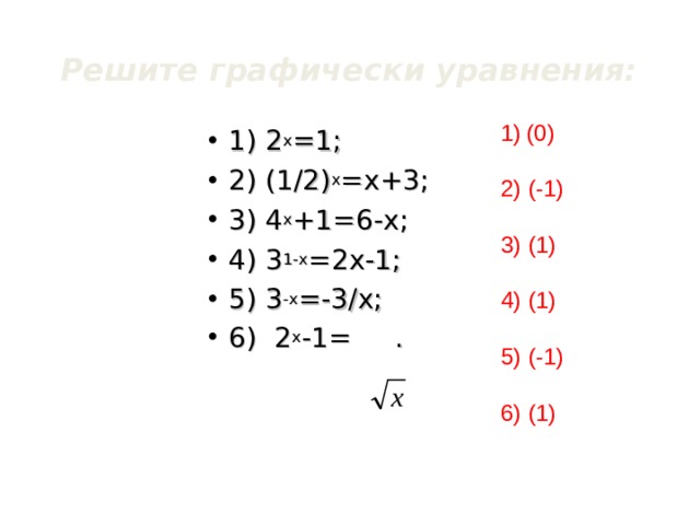 Решите графически уравнения: (0) 2) (-1) 3) (1) 4) (1) 5) (-1) 6) (1)