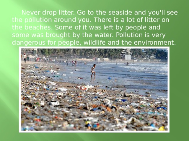 Never drop litter. Go to the seaside and you'll see the pollution around you. There is a lot of litter on the beaches. Some of it was left by people and some was brought by the water. Pollution is very dangerous for people, wildlife and the environment.