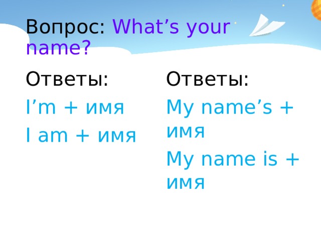 Вопрос: What’s your name? Ответы: Ответы: I’m + имя My name’s + имя I am + имя My name is + имя