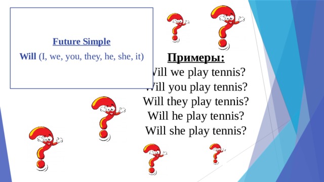 Future Simple Will (I, we, you, they, he, she, it) Примеры:  Will we play tennis?  Will you play tennis?  Will they play tennis?  Will he play tennis?  Will she play tennis?