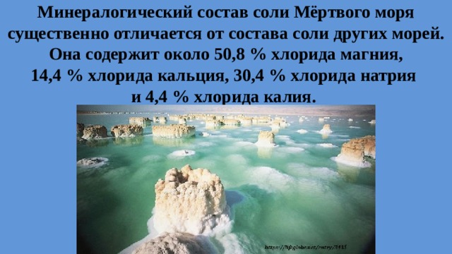 Минералогический состав соли Мёртвого моря существенно отличается от состава соли других морей. Она содержит около 50,8 % хлорида магния, 14,4 % хлорида кальция, 30,4 % хлорида натрия   и 4,4 % хлорида калия.