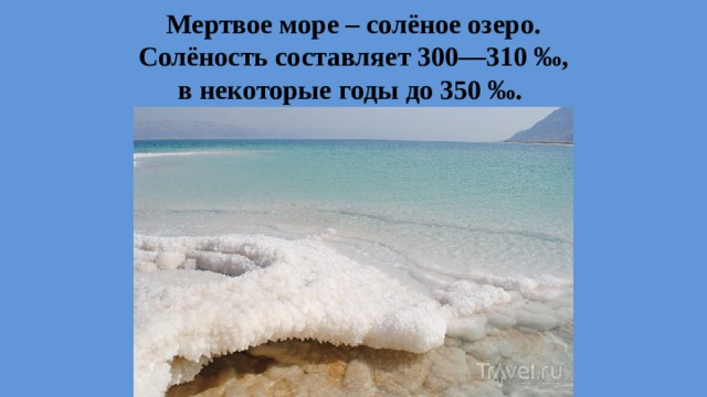 Мертвое море – солёное озеро.  Солёность составляет 300—310 ‰,  в некоторые годы до 350 ‰. 