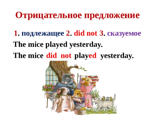 Отрицательное предложение 1 . подлежащее  2 . did not  3 . сказуемое  The mice played yesterday.  The mice play yesterday. did not ed