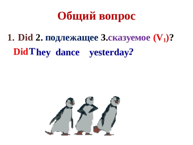 Общий вопрос Did  2. подлежащее 3. сказуемое  (V 1 ) ?  hey  dance  yesterday T ? Did .