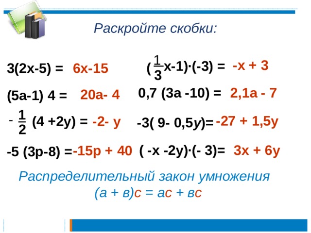 Раскройте скобки: 1 -х + 3 х-1)·(-3) = ( 3(2х-5) = 6х-15 3 2,1а - 7 0,7 (3а -10) = 20а- 4 (5а-1) 4 = 1 - -27 + 1,5у (4 +2у) = -2- у -3( 9- 0,5 у )= 2 ( -х -2у)·(- 3)= 3х + 6у -15р + 40 -5 (3р-8) = Распределительный закон умножения (а + в) с = а с + в с